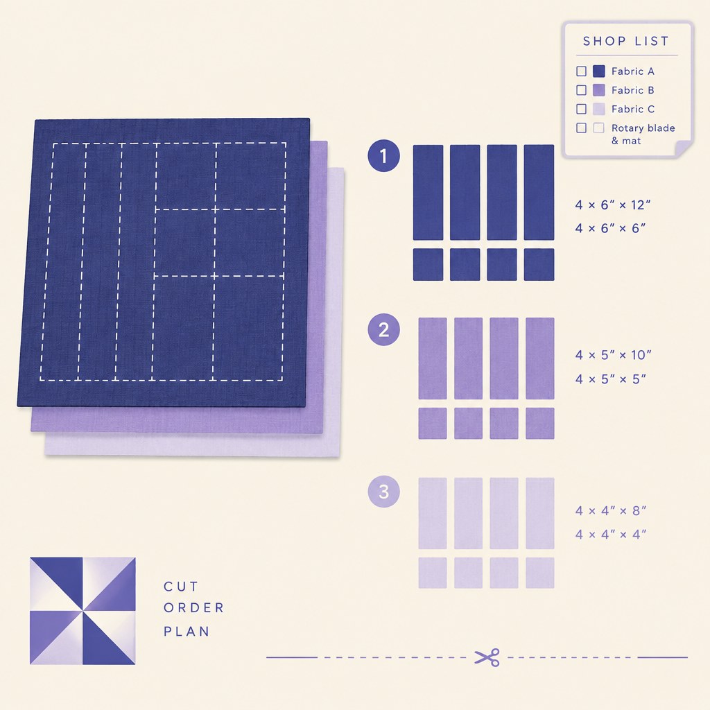 Cut-order plan diagram with fabric stack, numbered pieces and shop list