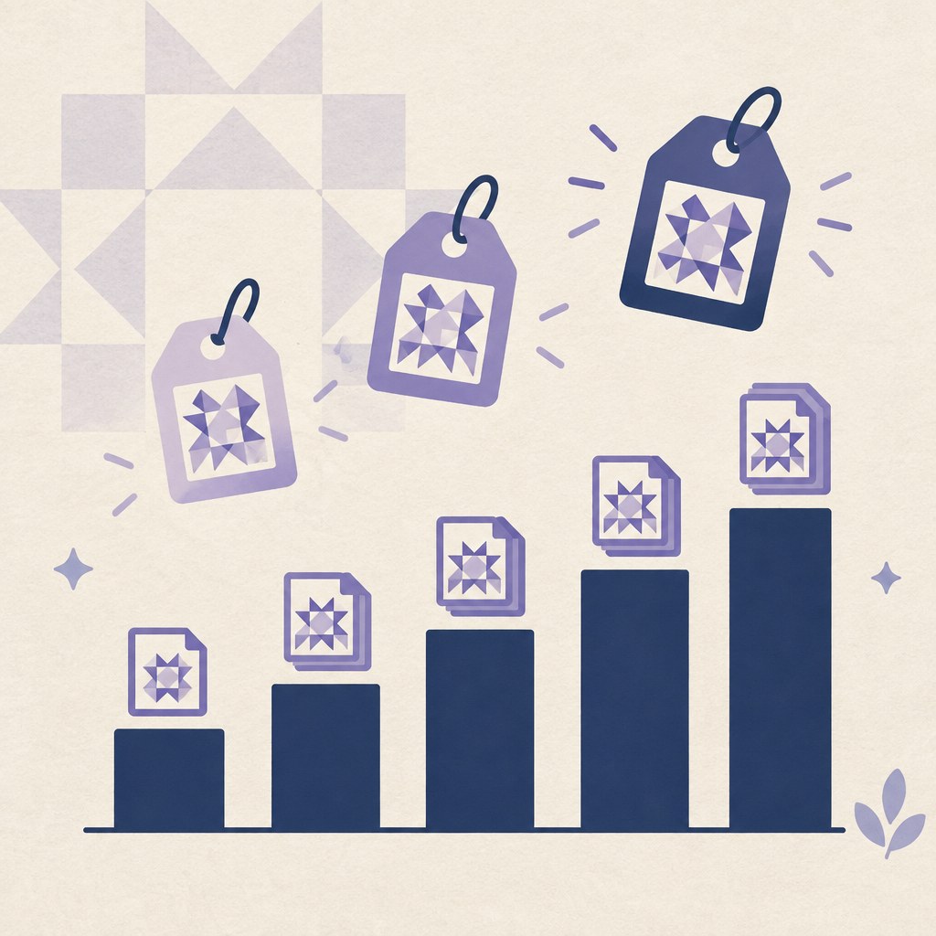 Abstract diagram of price tags above rising PDF sales bars