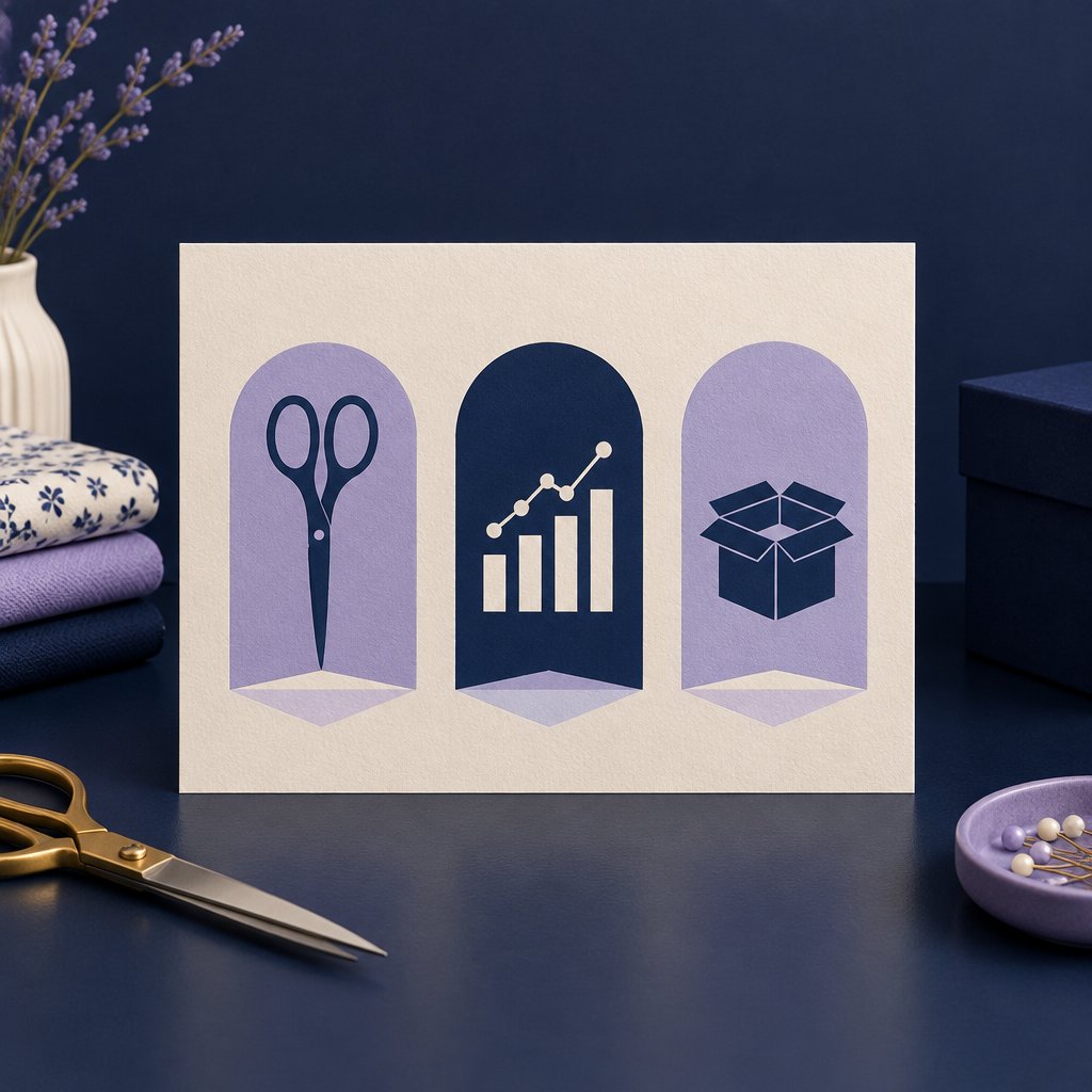 Three soft geometric door panels suggesting quilter, freelancer and seller paths