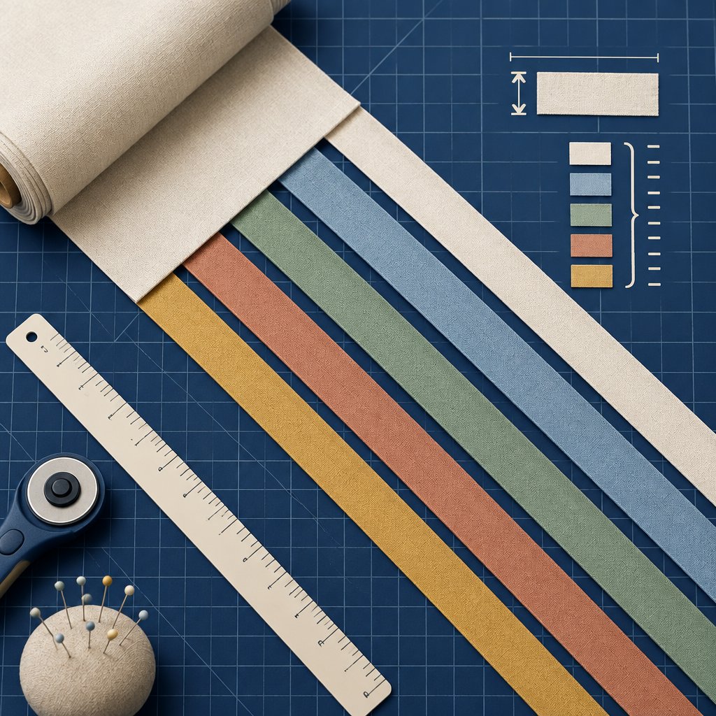 Width-of-fabric strips cut from a bolt, shown as parallel ribbons for strip count math