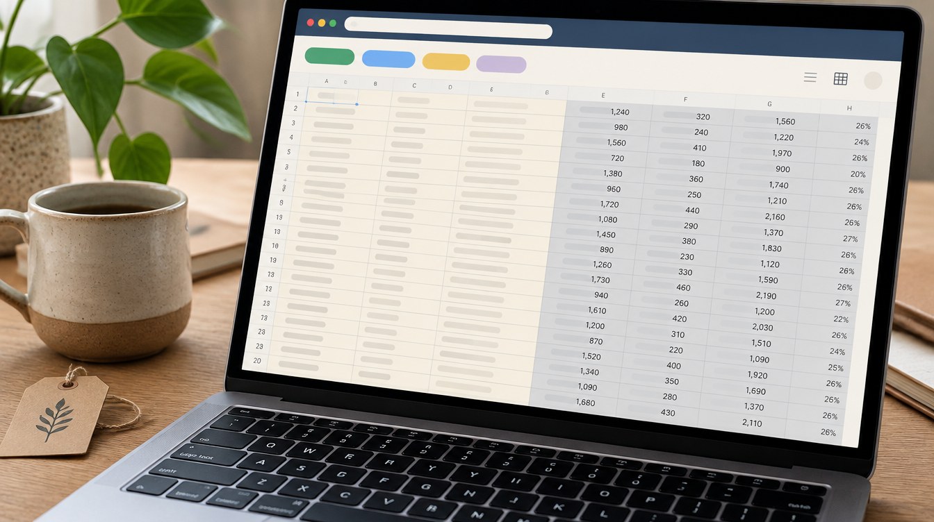 Laptop spreadsheet with soft multi-tab chrome beside a handmade mug and stock tag
