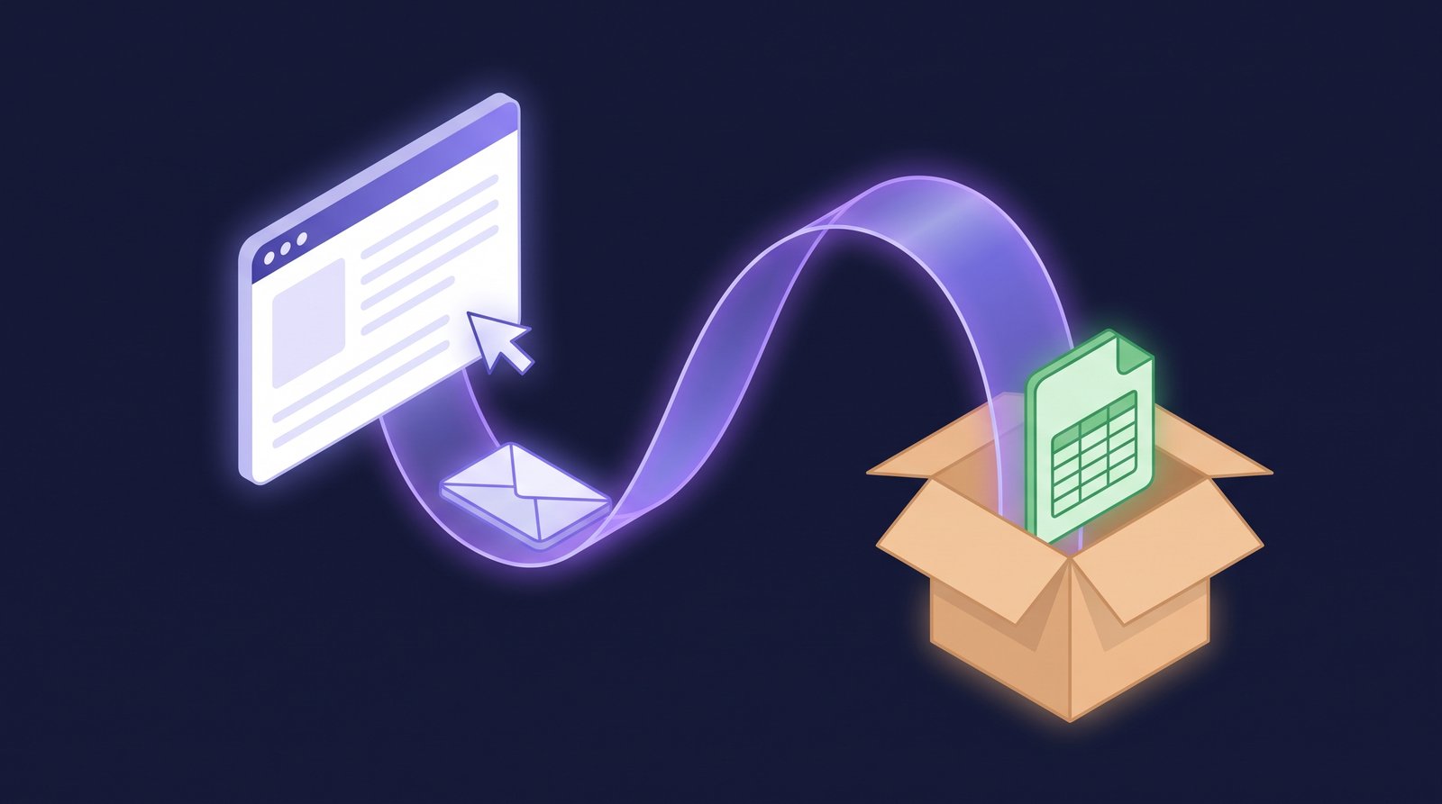 Illustration of a web page sending an envelope along a glowing path that delivers a spreadsheet into an open box