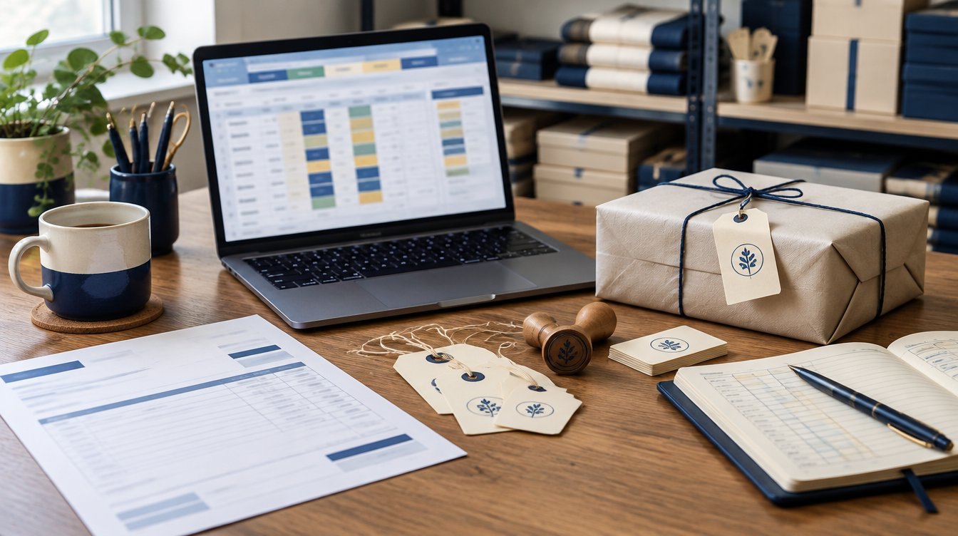 Laptop with multi-tab spreadsheet chrome beside invoice paper, stock tags and a wrapped parcel