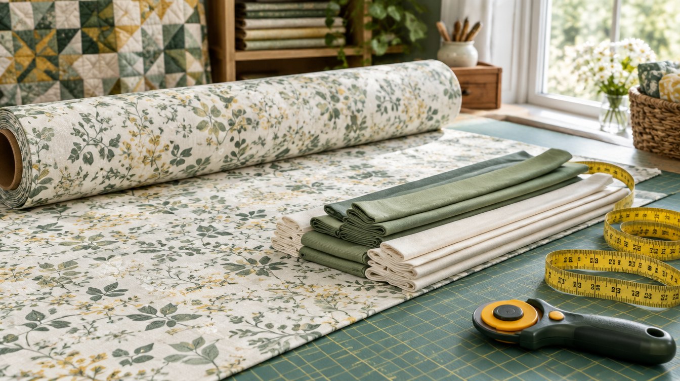 Wide backing fabric and folded sashing strips on a cutting table with measuring tape