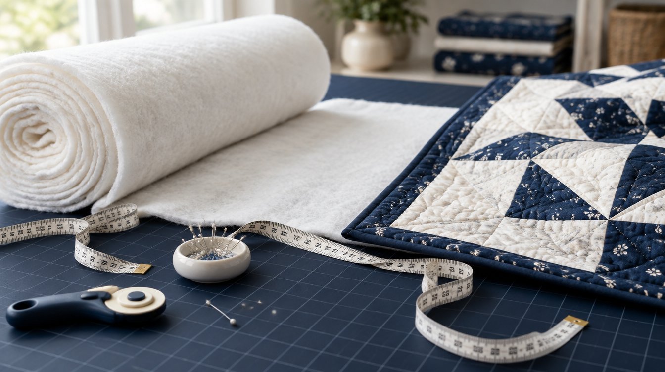 Quilt batting roll and throw quilt corner on a navy cutting table with measuring tape showing overage