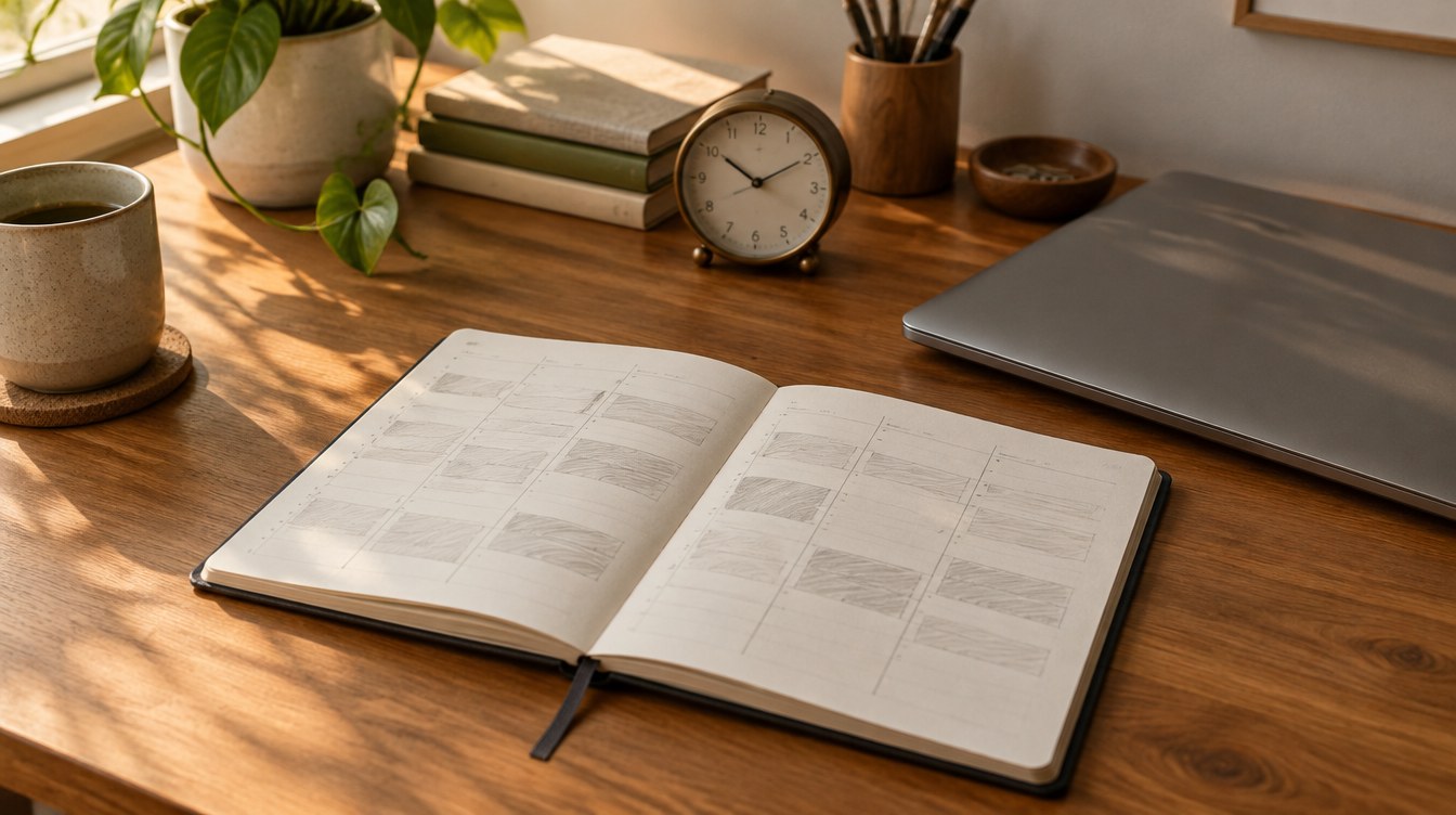 Weekly planner notebook and clock on a calm freelance desk