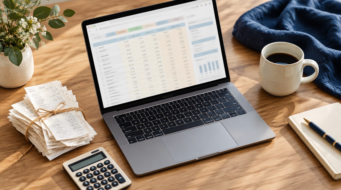 Laptop with soft bookkeeping spreadsheet chrome beside receipt stack and calculator on a navy desk