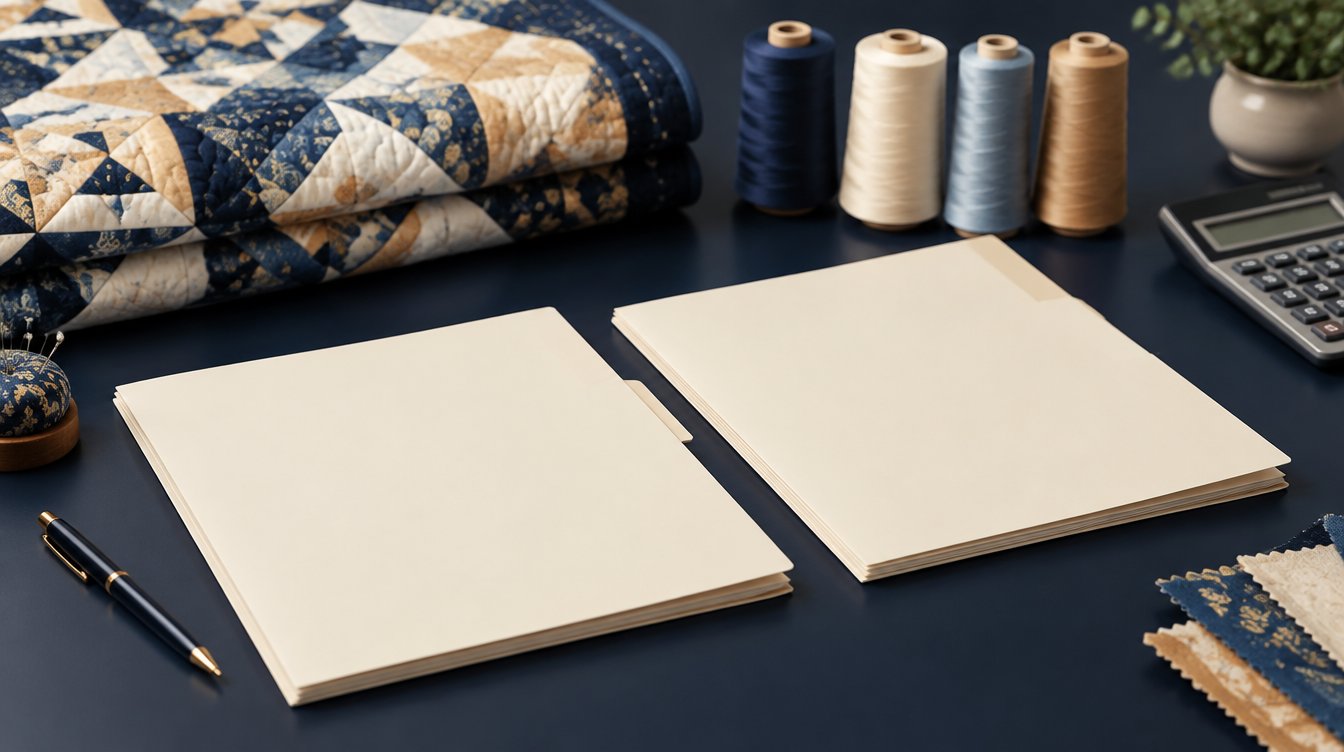 Two sheet stacks for rate planner and commission quote beside a folded quilt and thread