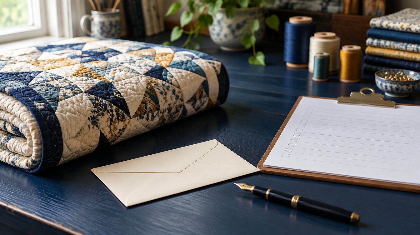 Folded custom quilt with a cream deposit envelope and blank scope checklist on a navy desk