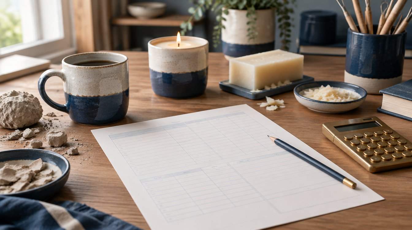 Handmade mug and candle beside a blank cost worksheet and calculator