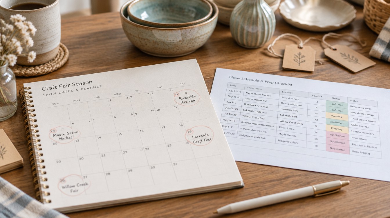 Craft fair season planner and show schedule checklist on a wood table with handmade ceramics