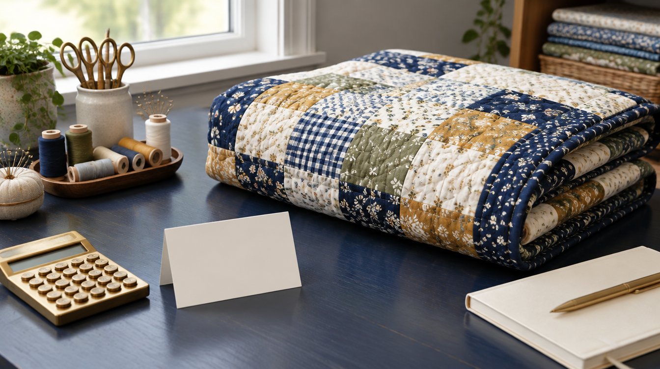 Folded custom quilt beside a blank quote card, calculator and thread spools on a navy desk