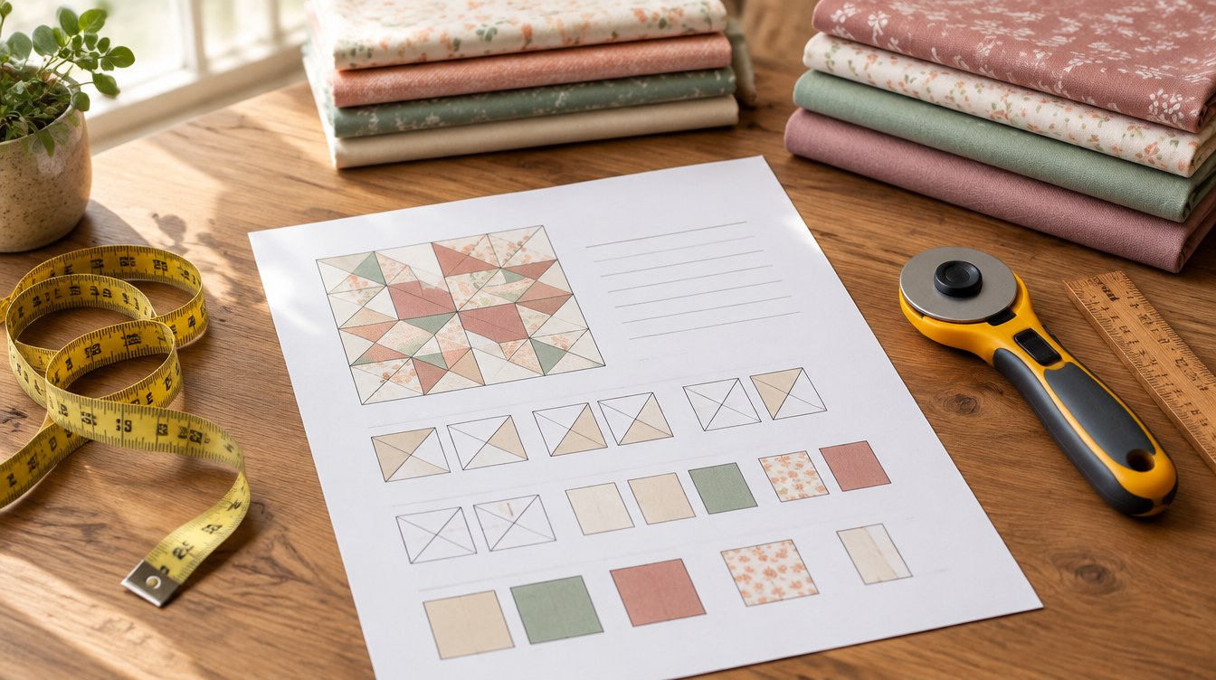 Printed cutting plan on a craft desk with rotary cutter, fabric stacks and measuring tape