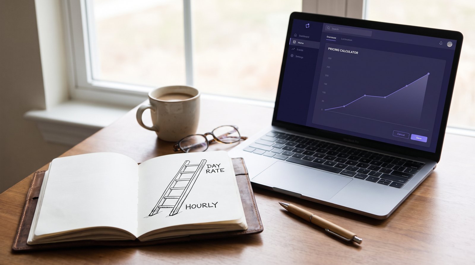 Laptop and notebook on a desk, the screen showing a pricing panel with a rising rate curve
