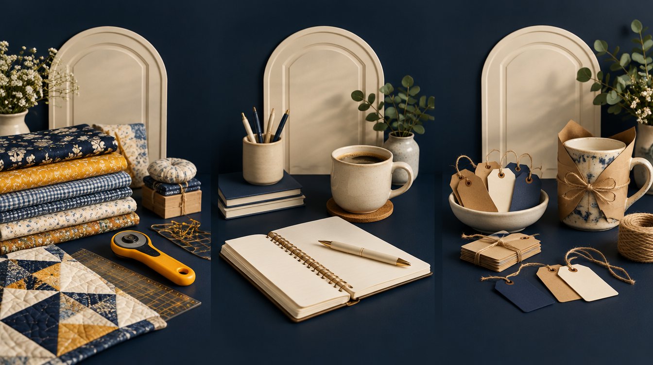 Three craft workspaces: quilting tools, freelance notebook, and handmade stock tags on a navy desk