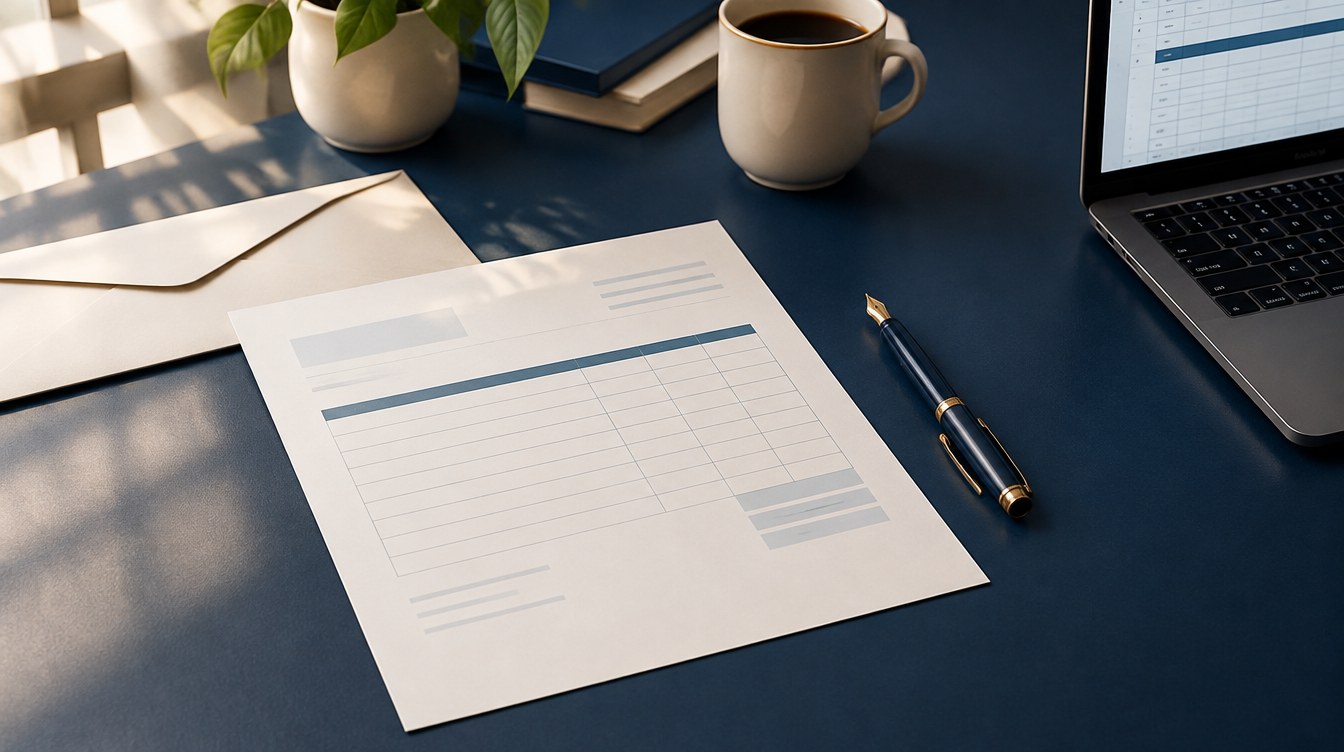Printed invoice with fountain pen and cream envelope beside a laptop on a navy desk