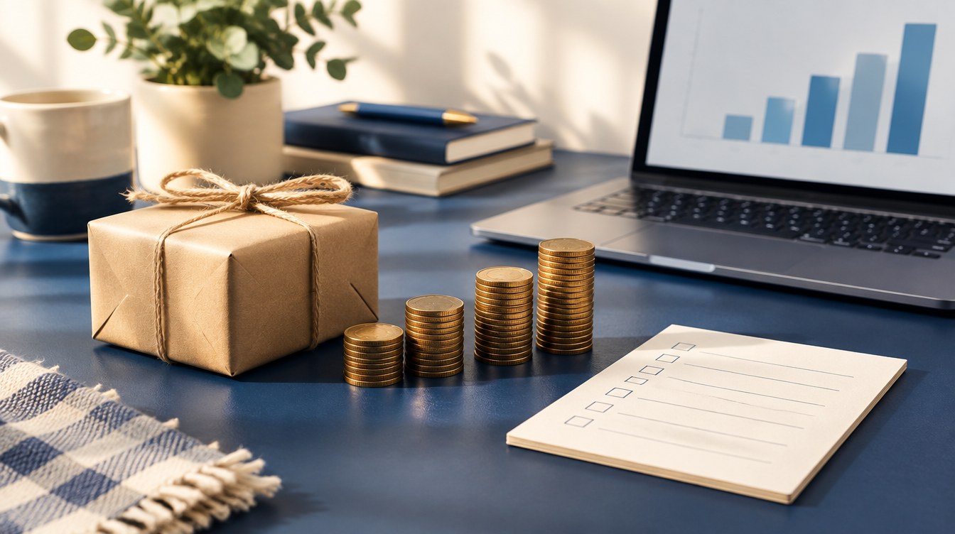 Kraft parcel, coin stacks and laptop with soft fee-path chart on a navy seller desk