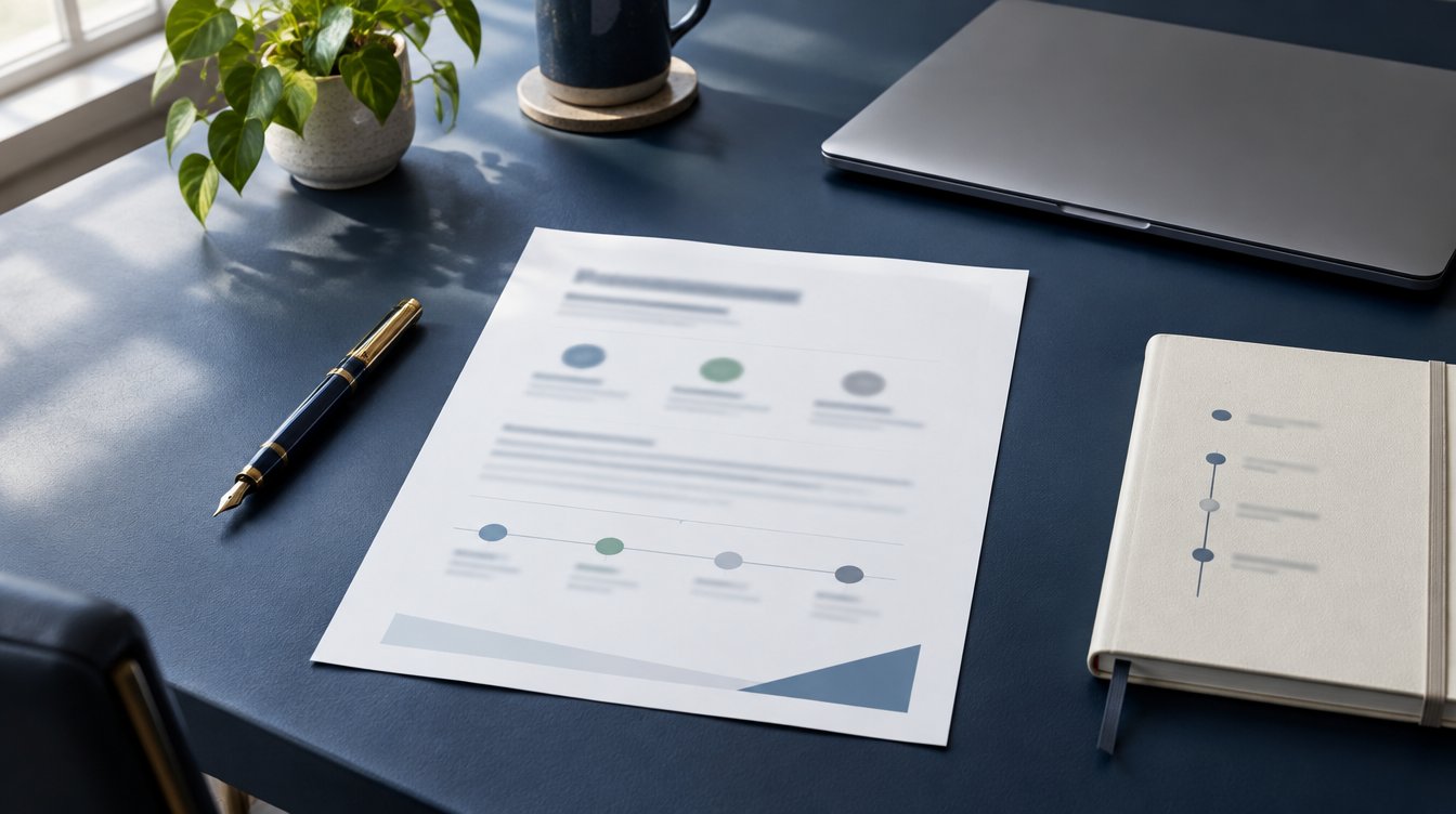 One-page proposal sheet with fountain pen and notebook on a navy desk
