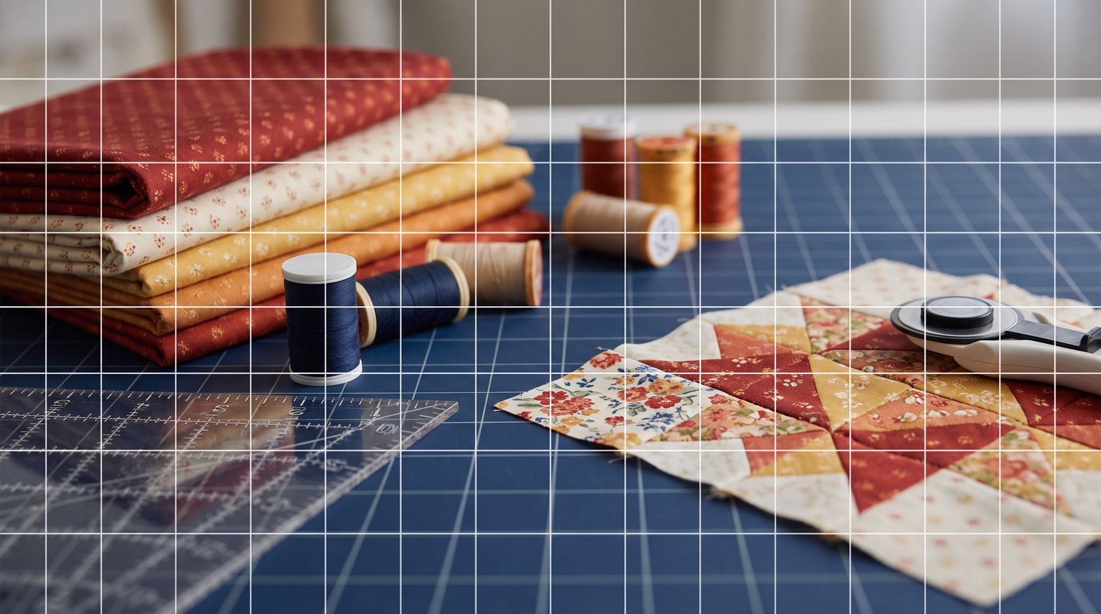 Quilting fabrics, thread spools, a rotary cutter, a quilting ruler and a part-finished patchwork block laid out on a navy work surface