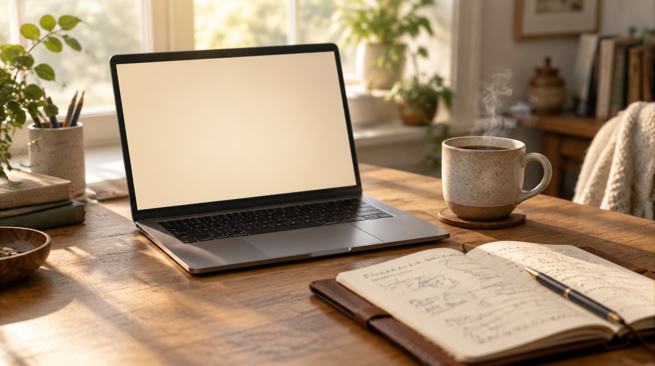 Laptop and notebook with rate math on a calm desk beside a coffee mug