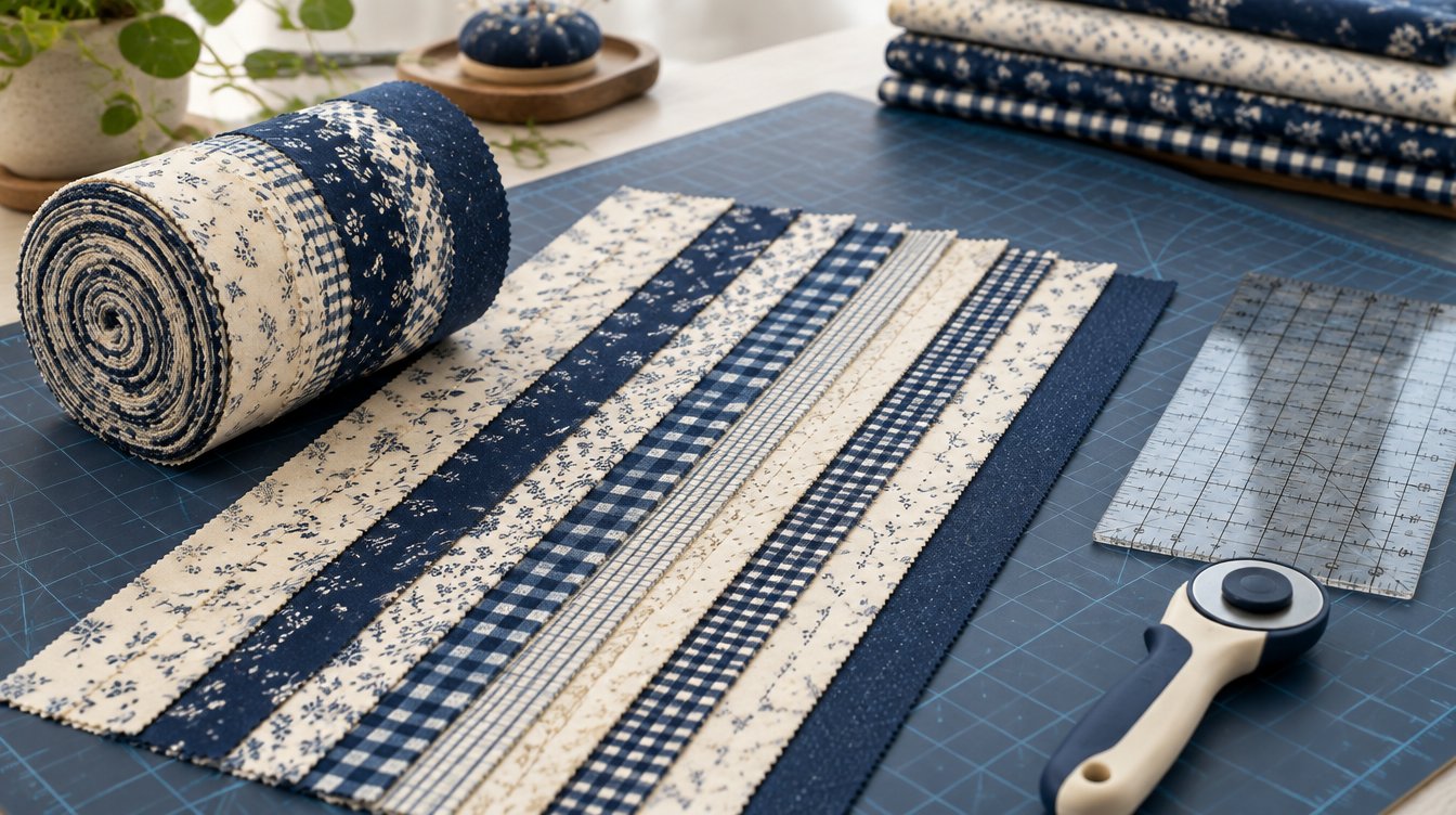 Width-of-fabric cotton strips cut in parallel on a cutting mat beside a quilting ruler